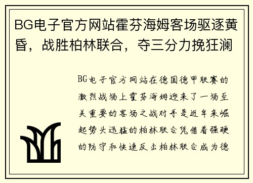 BG电子官方网站霍芬海姆客场驱逐黄昏，战胜柏林联合，夺三分力挽狂澜 - 副本