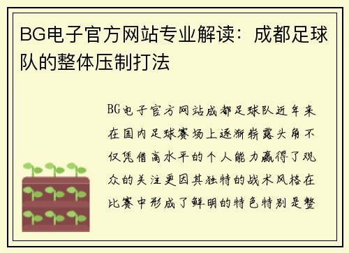 BG电子官方网站专业解读：成都足球队的整体压制打法